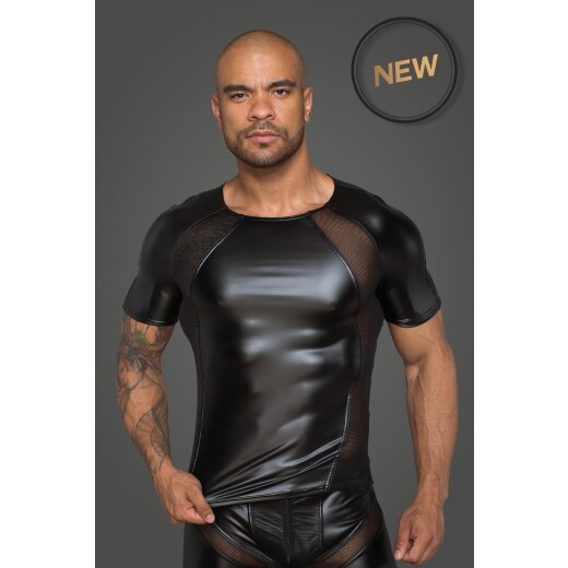 NOIR HANDMADE Herren T-Shirt aus Powerwetlook mit 3D Netzeins&auml;tzen schwarz