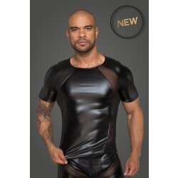 NOIR HANDMADE Herren T-Shirt aus Powerwetlook mit 3D Netzeins&auml;tzen L schwarz