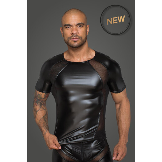 NOIR HANDMADE Herren T-Shirt aus Powerwetlook mit 3D Netzeins&auml;tzen XL schwarz