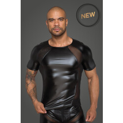 NOIR HANDMADE Herren T-Shirt aus Powerwetlook mit 3D Netzeins&auml;tzen XL schwarz
