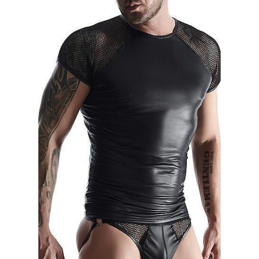 REGNES FETISH PLANET Mesh &amp; Wetlook T-Shirt Schwarz