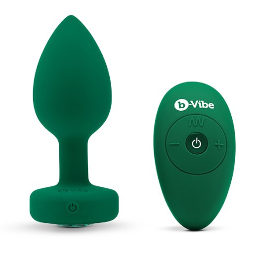 B-VIBE Vibrierender Analplug aus samtigem Silikon mit Zierstein &amp; Fernbedienung  M-L Emerald