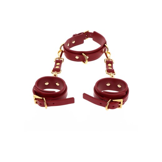 TABOOM Halsband Deluxe mit Handgelenkfesseln aus PU-Leder Rot &amp; Gold