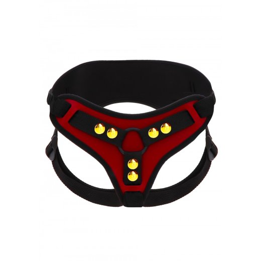 TABOOM Strap On Harness Deluxe aus PU-Leder Rot  & Gold