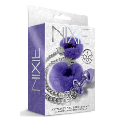 NIXIE Anal-Plug mit Pl&uuml;sch-Handschellen aus Aluminium Medium Violett