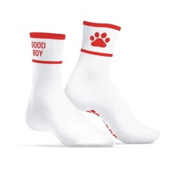 SNEAKXX Fetish Sport Socken KINKY PUPPY GOOD BOY Weiss/Rot One Size
