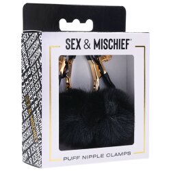 SPORTSHEETS Sex &amp; Mischief Puff Nipple Clamps Pl&uuml;sch Pom Poms Schwarz