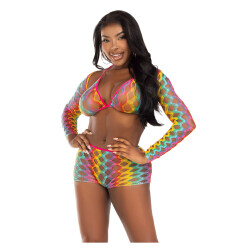 LEG AVENUE Rainbow Netz Dessous-Set 3-teilig One Size