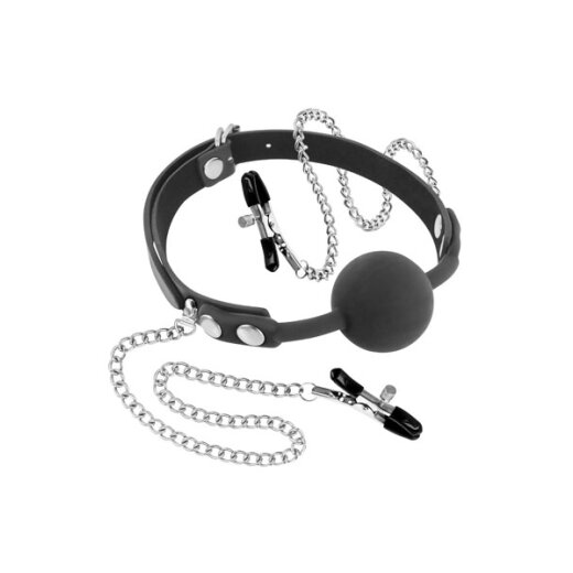 FETISHTENTATION Ball Gag aus Kunstleder mit Nippelklemmen Schwarz