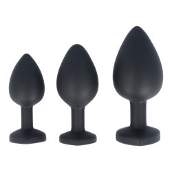 VIRGITE Anal-Plug 3er-Set mit herzf&ouml;rmigen Ziersteinen aus Silikon Schwarz/Rot