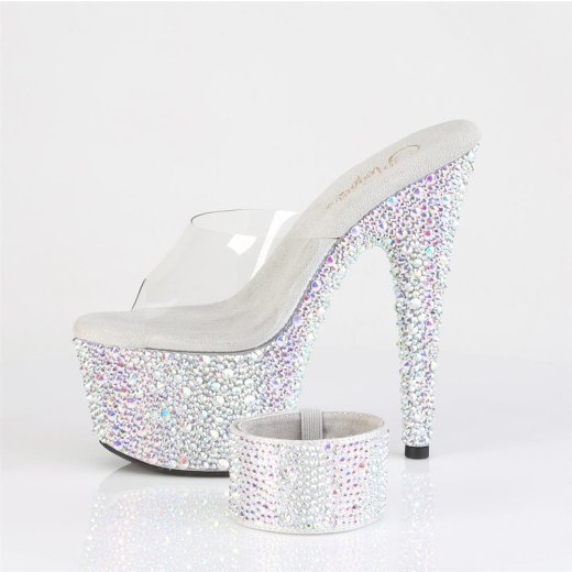 PLEASER Bejweled High Heels mit Strasssteinen & Knöchelband Silber