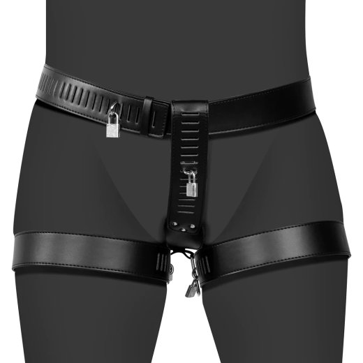 OUCH PU Leather Female Chastity Belt with Leg Restraint Schwarz