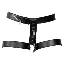 OUCH PU Leather Female Chastity Belt with Leg Restraint Schwarz