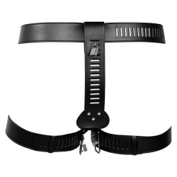 OUCH PU Leather Female Chastity Belt with Leg Restraint Schwarz