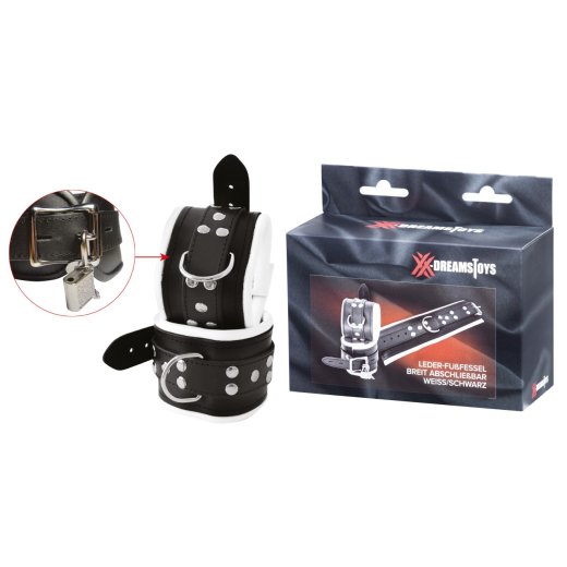 XXDREAMSTOYS Leder-Fussfessel Breit Abschliessbar Weiss/Schwarz