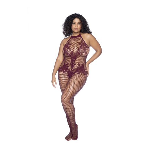 MAPALÉ Vino Noir Floral Fishnet Bodystocking Cherry One Size+
