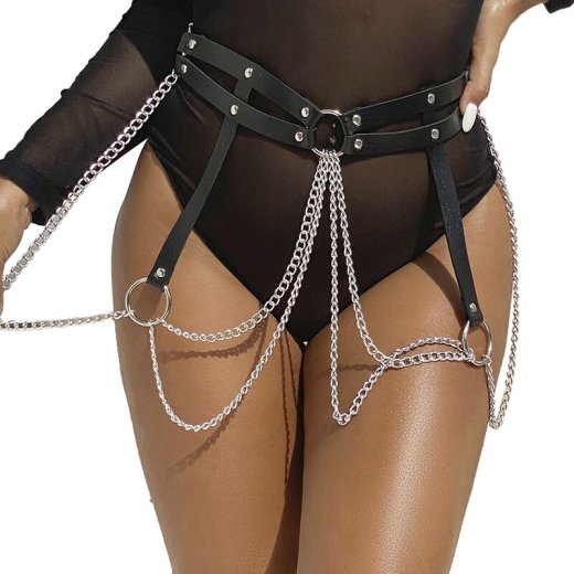 SUBBLIME Ledergürtel mit Ringen & Ketten Schwarz/ Silber OS