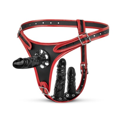 EASY TOYS Triple Dildo Strap-On Harness Schwarz/Rot