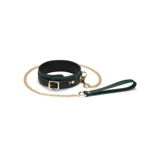 LIEBE SEELE Mossy Chic Lederhalsband mit Leine Grün/Schwarz/Gold