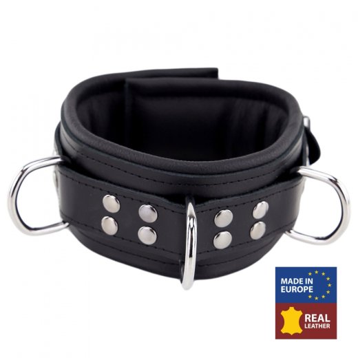 THE RED Gepolstertes Lederhalsband mit 3 D-Ringen Schwarz