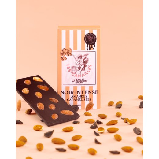 LES CANAILLES Aphrodisierende Zartbitterschokolade mit karamellisierten Mandeln 100g
