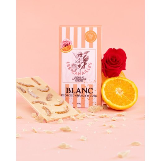 LES CANAILLES Aphrodisierende Schokolade Weiss Orangenschalen & Roseöl 100g