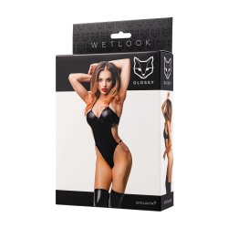 GLOSSY Erolanta Wetlook Bodysuit mit rückseitiger Schnürung & Ketten Schwarz