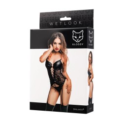 GLOSSY Erolanta Wetlook Set Top mit Strapshaltern & String Schwarz XL