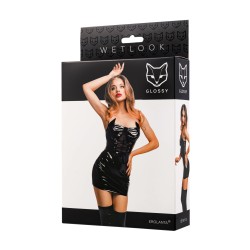 GLOSSY Erolanta Wetlook Kleid mit Schnürung & Katzenohren-Ausschnitt Schwarz