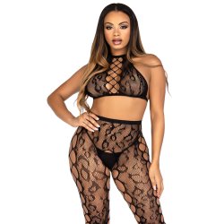 LEG AVENUE Crop Top & Crotchless Tights One Size Schwarz