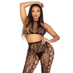 LEG AVENUE Crop Top & Crotchless Tights One Size Schwarz