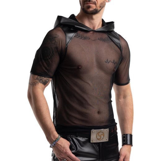 REGNES FETISH PLANET Mesh T-Shirt mit Kapuze Schwarz