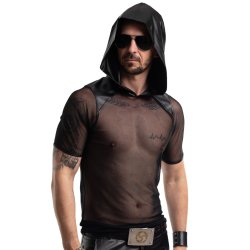 REGNES FETISH PLANET Mesh T-Shirt mit Kapuze Schwarz