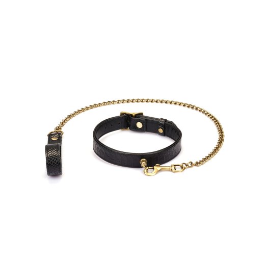 LIEBE SEELE Crocodile Noir Hals Fessel mit Leine aus Leder Schwarz / Altgold