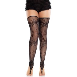 LEG AVENUE Floral Net Toe Loop Footless Thigh Highs Schwarz One Size