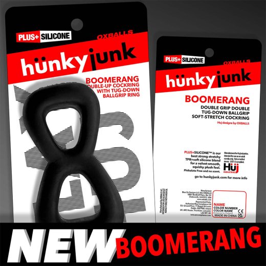 HÜNKYJUNK BOOMERANG Cockring mit Nut-Tugger Black Fog